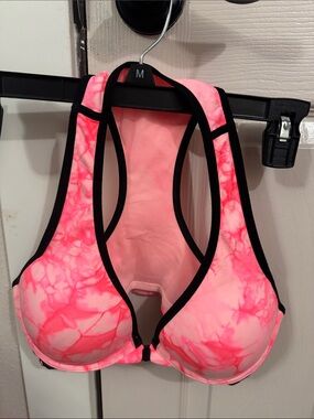 Victoria's Secret Pink Tie-Dye Front-Zip Sports Bra with Black Trim